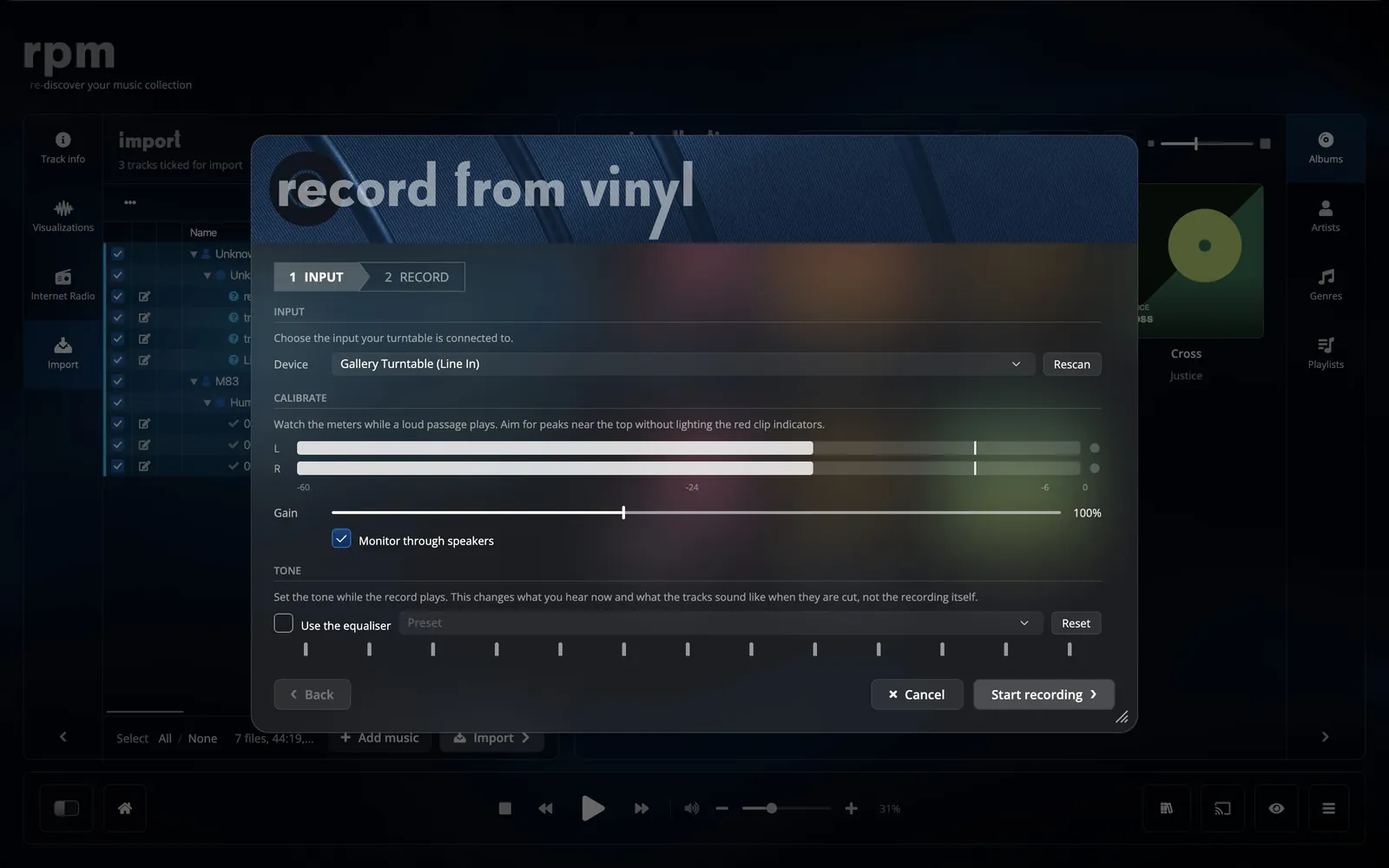 The rpm Recorder: the input, the level meters and the recorded sides