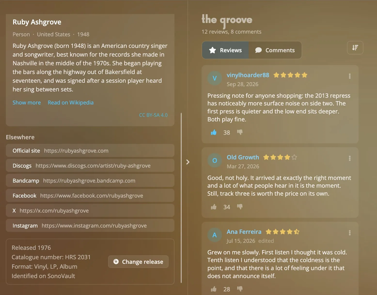 An album page with the release it is linked to beside its reviews