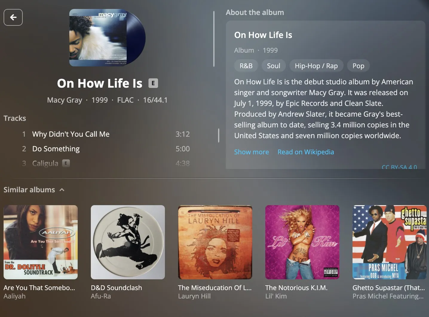 An album page in rpm: the sleeve and tracklist, the album entry and similar albums