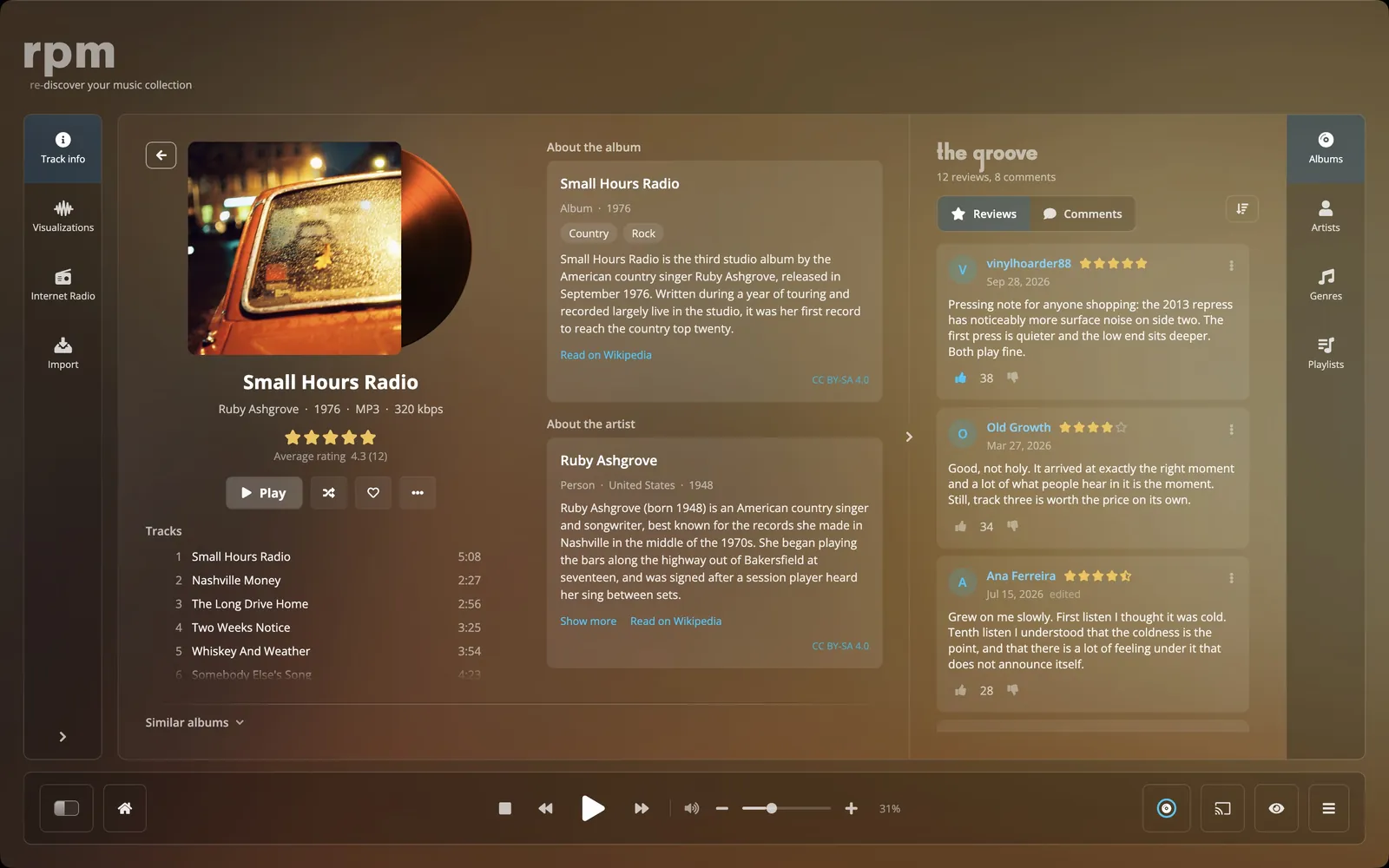 An album page in rpm with its reviews and comments, and an artist page with its wall