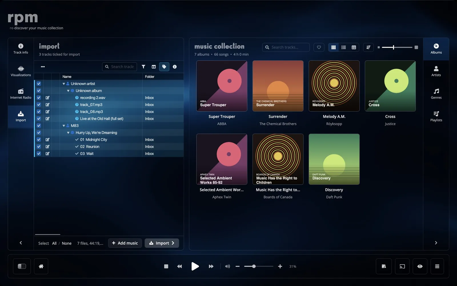 rpm's import workbench, Add music, the CD import and the vinyl Recorder