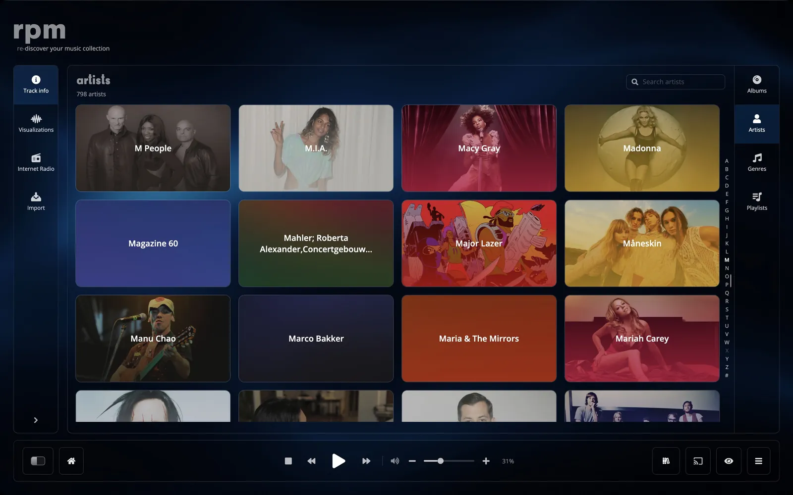 The artist wall, an artist page, the genre wall and the soul genre page