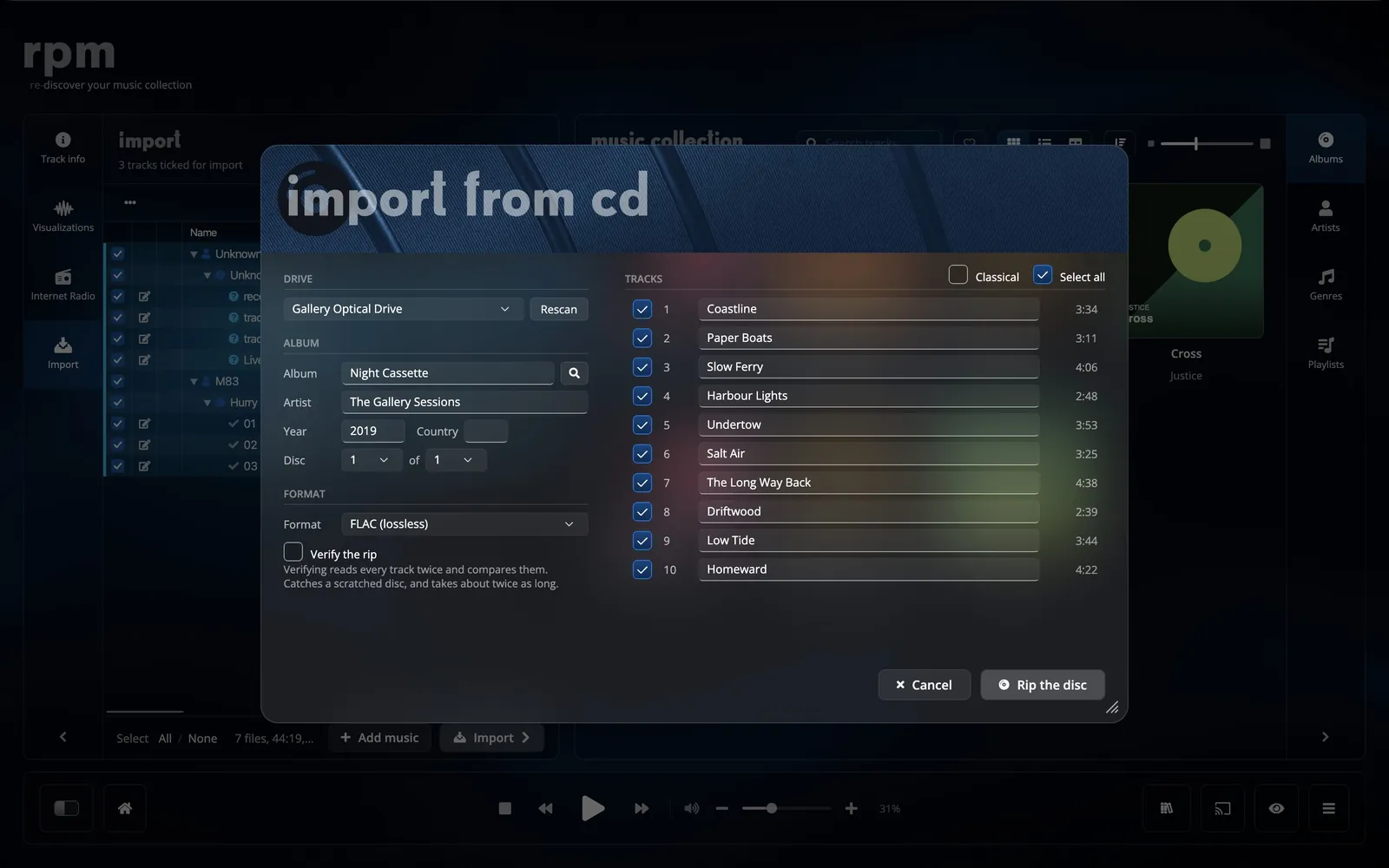 Ripping a CD in rpm: the disc identified and its tracks being read