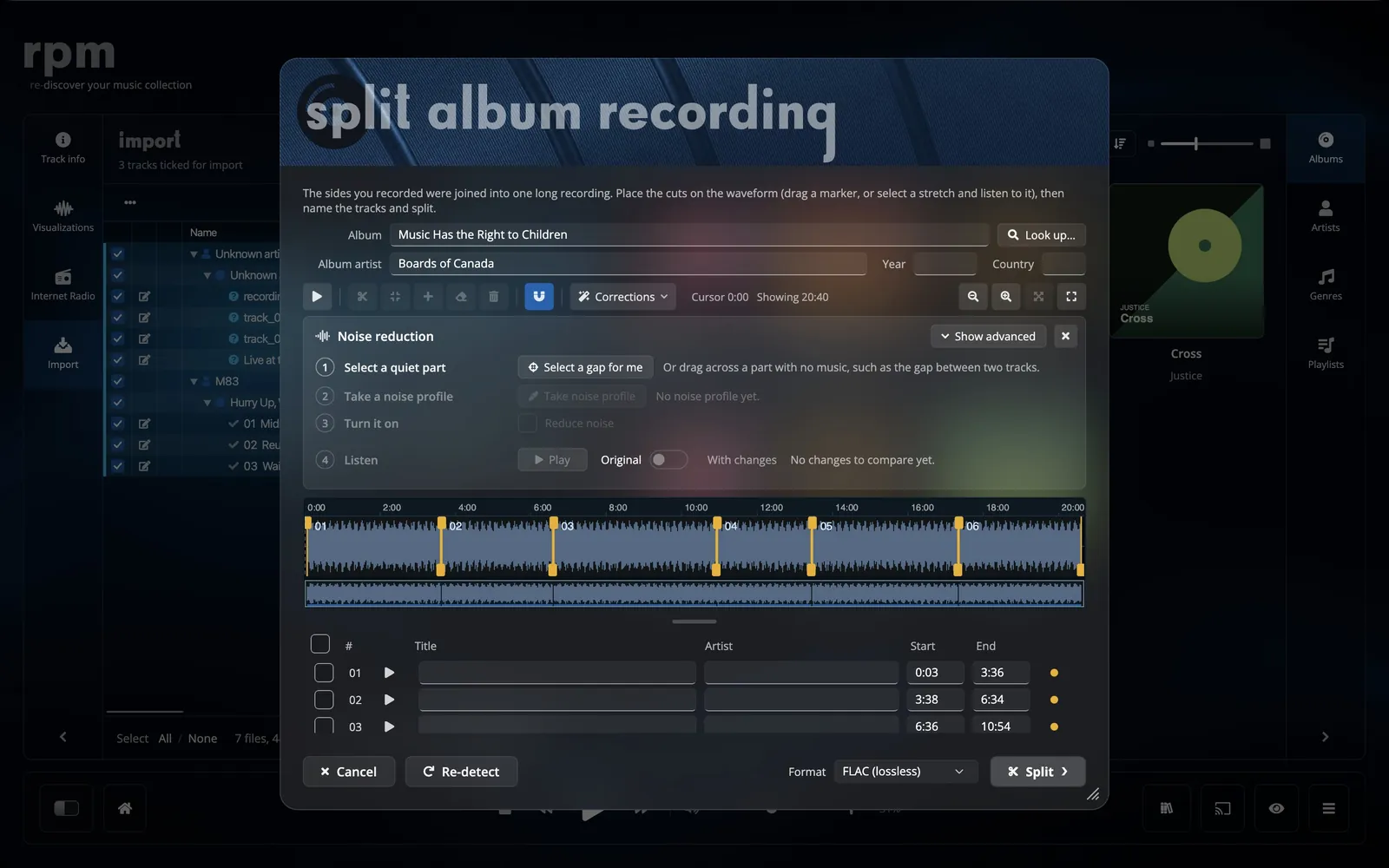 The split editor in rpm with the corrections panel open
