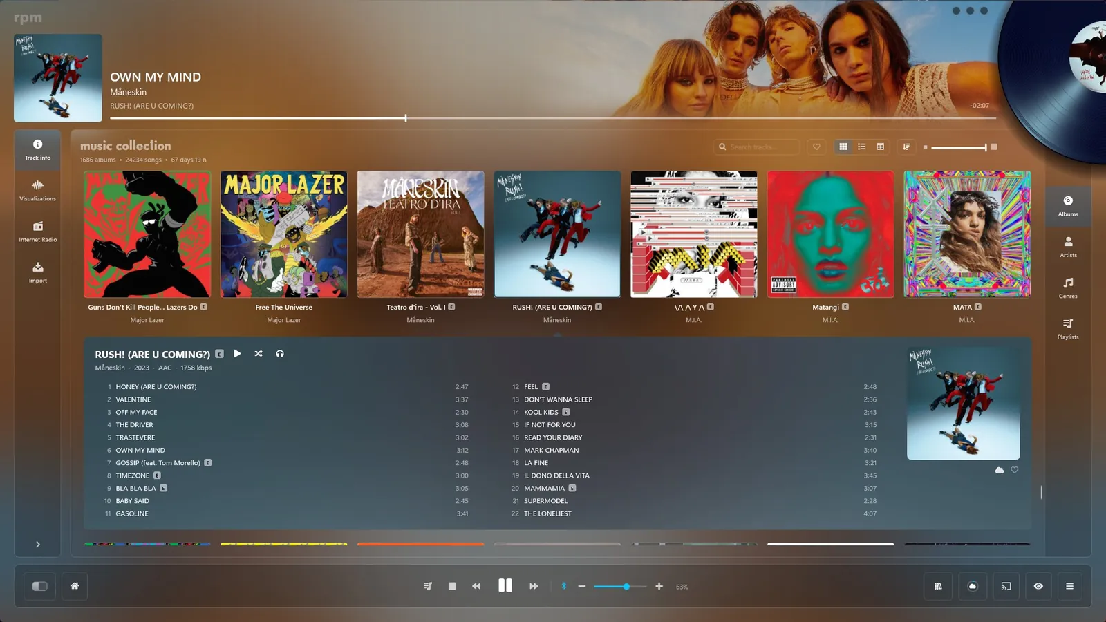 rpm playing a record: the album wall with an album open, the artist photo across the top and the record turning beside it