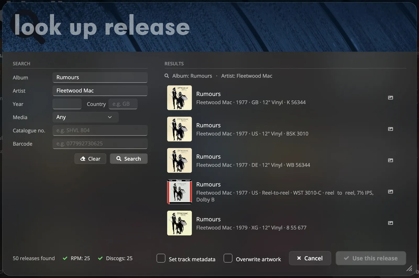 The release lookup in rpm: a search for Rumours by Fleetwood Mac and the pressings found