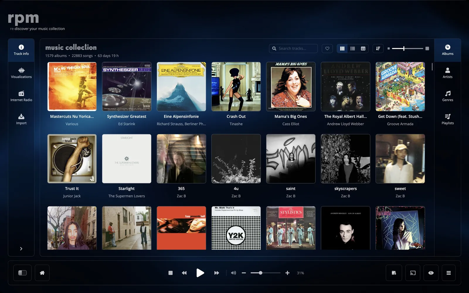 The rpm library as an album wall, a list, a table, an artist wall, a genre wall and playlists