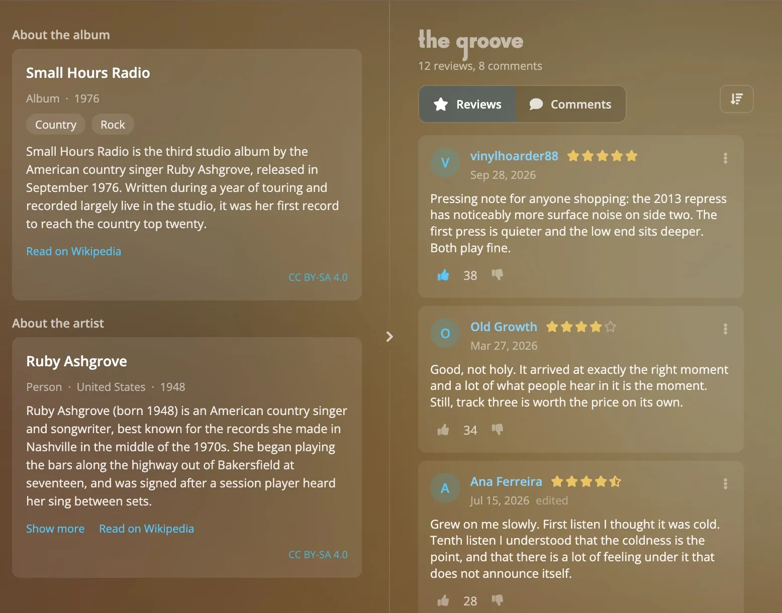 The groove on an album page: reviews, comments, the sort menu and the review editor