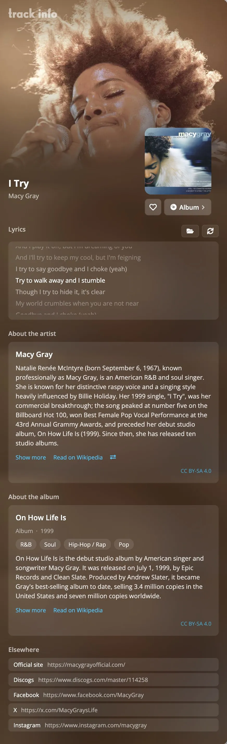 The Track Info pane, from the artist photograph down to the lyrics and the artist's links